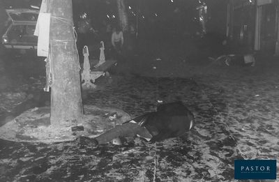 black and white photo of a man laying on the ground next to a fire hydrant