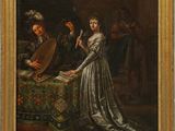 un tableau représentant une femme jouant d'un instrument de musique devant un homme