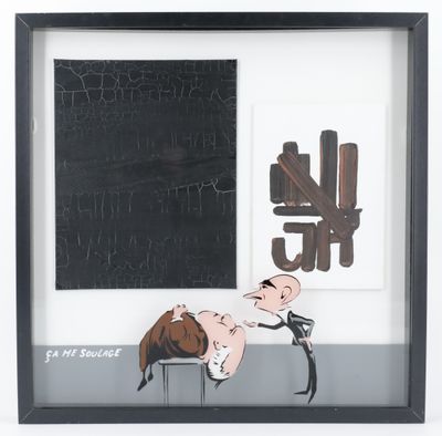painting of a man and a woman sitting on a bench in front of a blackboard