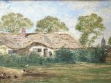 a painting of a thatched house with chickens in the yard
