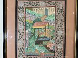 framed picture of a painting of a birdhouse in a garden
