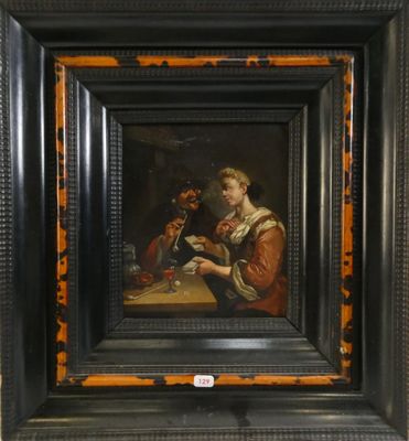 une peinture à l'huile représentant un homme assis à une table avec un verre de vin