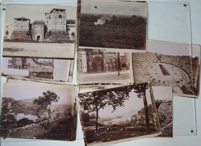 several old black and white photos of a building and trees