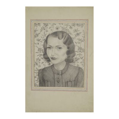 an old black and white drawing of a woman in a dress