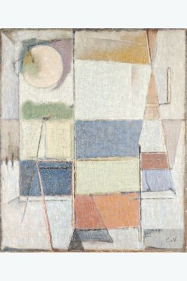 abstract painting of a sailboat in front of a window with a full moon in the background