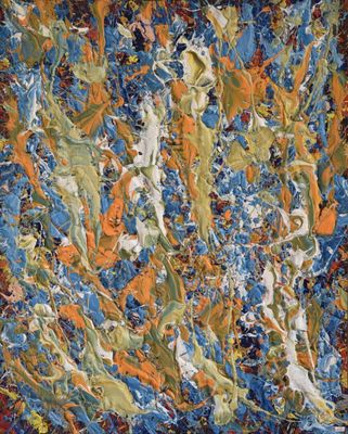 an abstract painting of blue, orange, and white paint on a black background