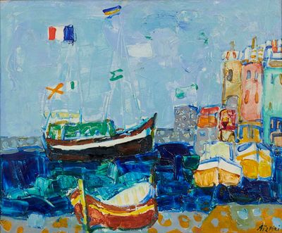 un tableau représentant des bateaux sur l'eau, près du rivage