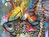 painting of a fish with a woman on it ' s back
