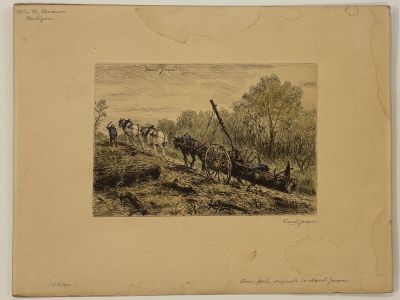 drawing of a group of people riding horses down a hill