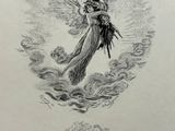 a drawing of a woman flying through the air with a bird in her hand