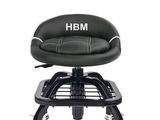 the back of a black chair with a black seat and wheels