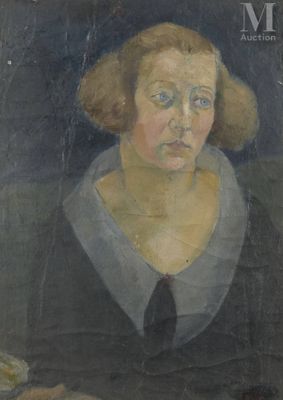 tableau représentant une femme vêtue d'une robe noire, d'une chemise à col blanc et d'une cravate noire