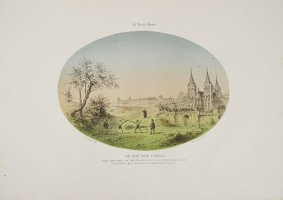 dessin représentant une vue d'une ville avec une église au loin et une personne marchant au premier plan
