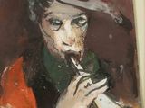 tableau représentant une femme coiffée d'un chapeau jouant de la trompette