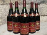 six bottles of wine are lined up on a table in front of a stone wall