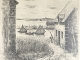dessin représentant une vue d'un village avec un bateau sur l'eau
