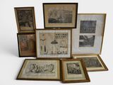 many framed pictures of people and animals on the wall