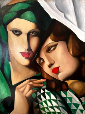 tableau représentant deux femmes portant des foulards verts et ayant les lèvres rouges