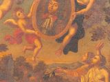painting of a painting of angels and cherensils with a banner in the background