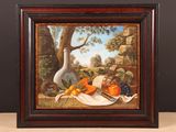 painting of a still life with fruit and a vase on a table
