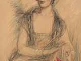 dessin représentant une femme assise sur une chaise, une fleur à la main