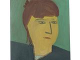 painting of a woman with a brown hair and a green background