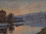 tableau représentant un tableau d'une rivière avec une ville en arrière-plan