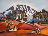 painting of a landscape with a mountain in the background and birds in the foreground