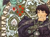 a drawing of a woman holding a book and a dragon