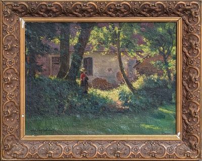 une peinture à l'huile représentant une femme dans un jardin près d'une maison