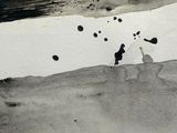 a black and white painting of two people playing with a frisbee