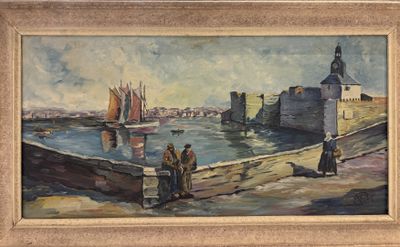 an oil painting of a harbor scene with people standing on the dock