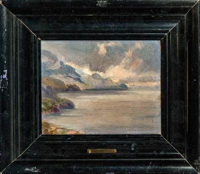 an image of a painting of a lake with mountains in the background