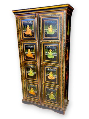 an image of a wooden cabinet with pictures on the doors