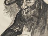 painting of a man with a hat and a beard in a black and white image