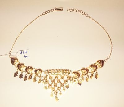 a close up of a necklace on a table with a price tag
