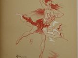 an old drawing of a woman in a red dress holding a frisbee in her hand