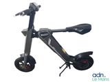 an electric scooter with a black seat and wheels on a white background