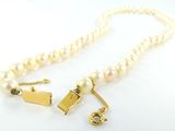 Gros plan sur un collier de perles blanches avec un fermoir en or
