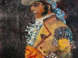 an oil painting of a man with a hat and a bouquet of flowers