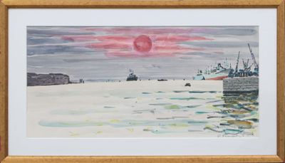 a picture of a painting of a boat in the water