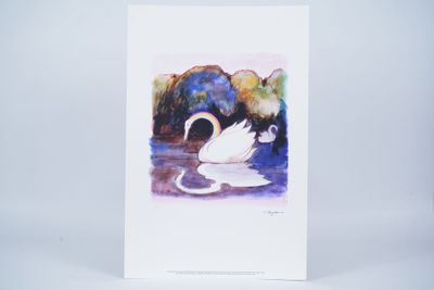 a painting of a white swan floating on top of a body of water