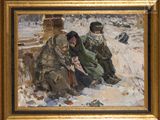 painting of two women sitting on a bench in the snow