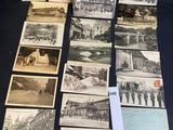 a bunch of old black and white photographs of people and buildings