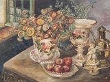 a painting of a vase of flowers and apples on a table