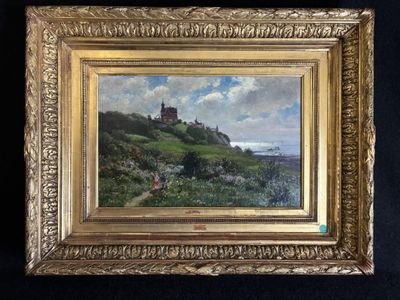 une peinture à l'huile représentant un château situé sur une colline surplombant l'océan
