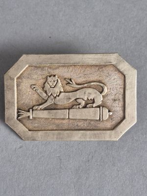 un gros plan d'une plaque métallique sur laquelle figure un lion