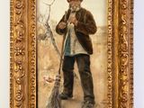 un vieux tableau représentant un homme avec un balai dans un champ