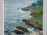 une peinture à l'huile représentant une scène de plage avec un bateau dans l'eau