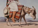a painting of a woman riding a donkey in the desert